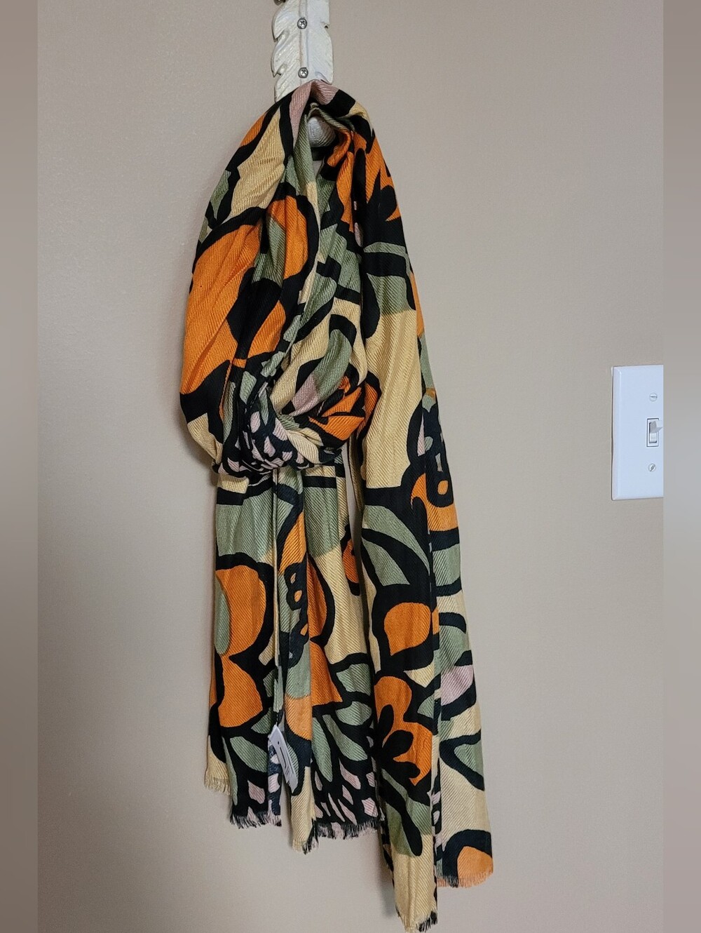 Floral Print Lightweight Scarf in Orange, Green & Black